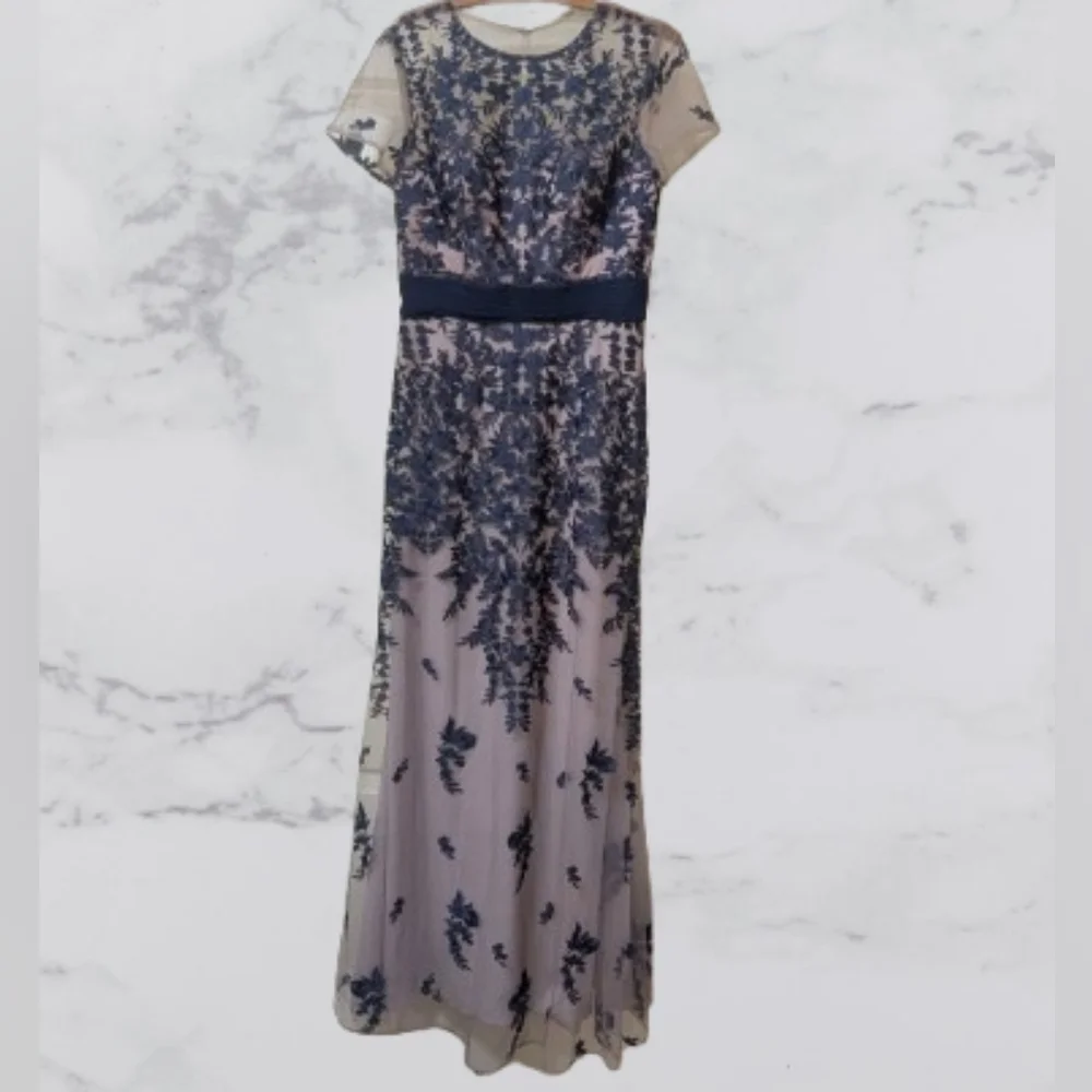 JS Collections Blush Pink and Navy Embroidered Lace Evening Gown - Picture 4 of 10